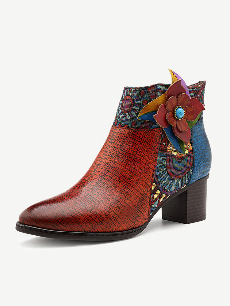 SOCOFY Cowgirl Couro Genuíno Botas de costura Jacquard feitas à mão com zíper e tornozelo confortáveis