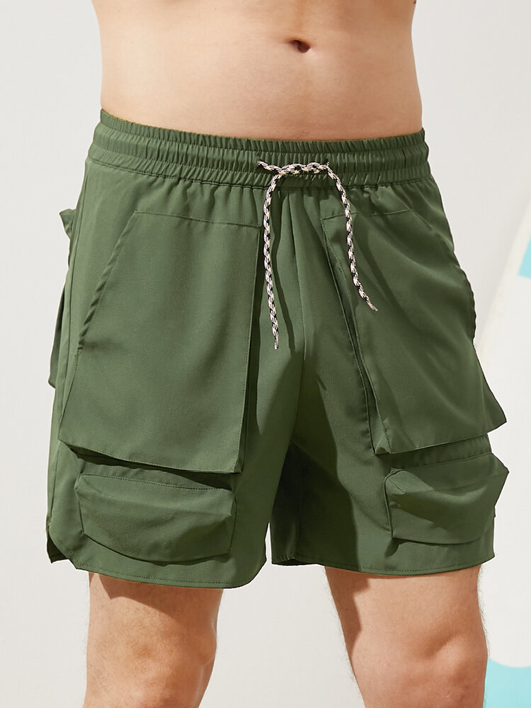 

Men Plain Multi Pocket Utility Drawstring Mid Length Elastic Waist Cargo Pants, Green