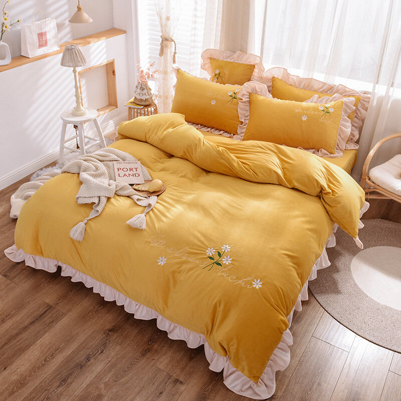

4Pcs Winter Double-sided Crystal Velvet Korean Lace Embroidery Thick Coral Velvet Embroidered Flannel Bed Sheet Duvet Co, #01;#02;#03;#04;#05;#06;#07