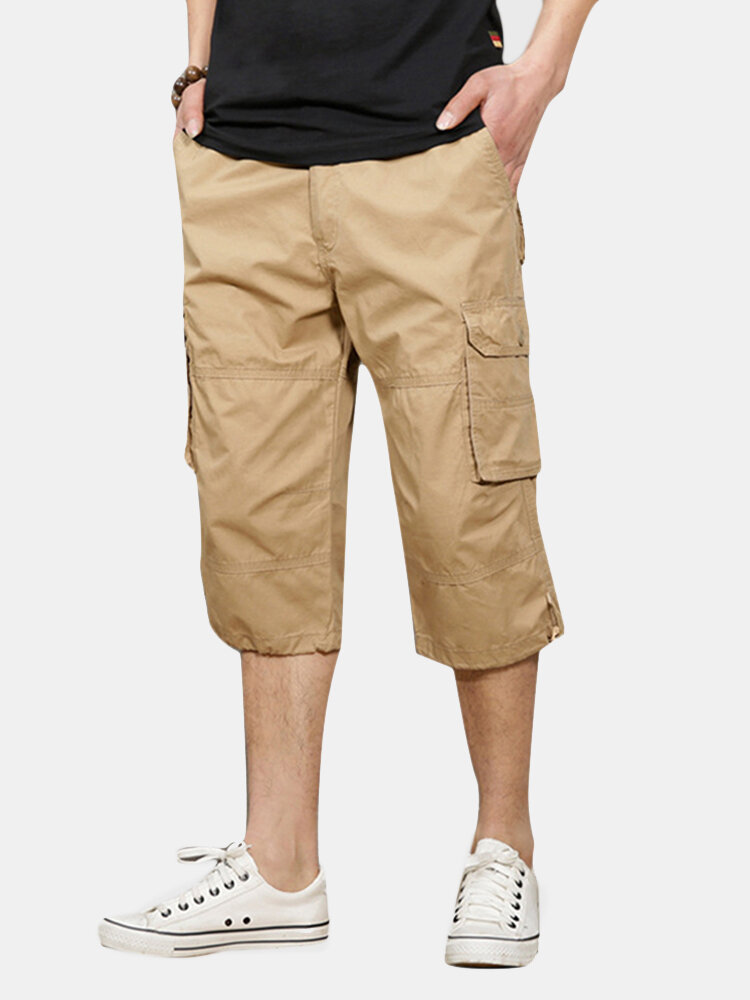 

Mesn Outdoor Multi-pocket Cargo Shorts 100%Cotton Solid Color Calf-Length Casual Shorts, Khaki;gray;green;black