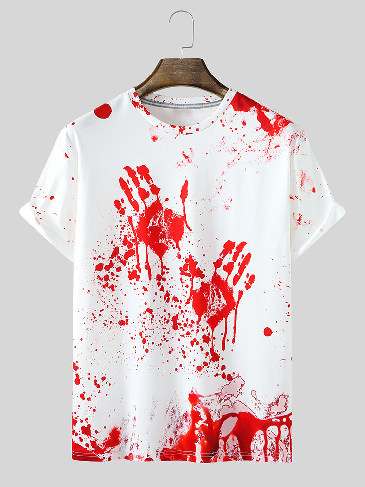 Mens Red Paint Splatter Hand Print Street Short Sleeve T-Shirts
