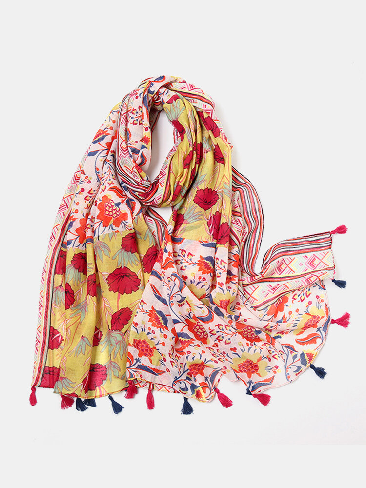 Women Cotton Ramadan Dual-use Bohemian Tassel Floral Pattern Long Scarf Shawl