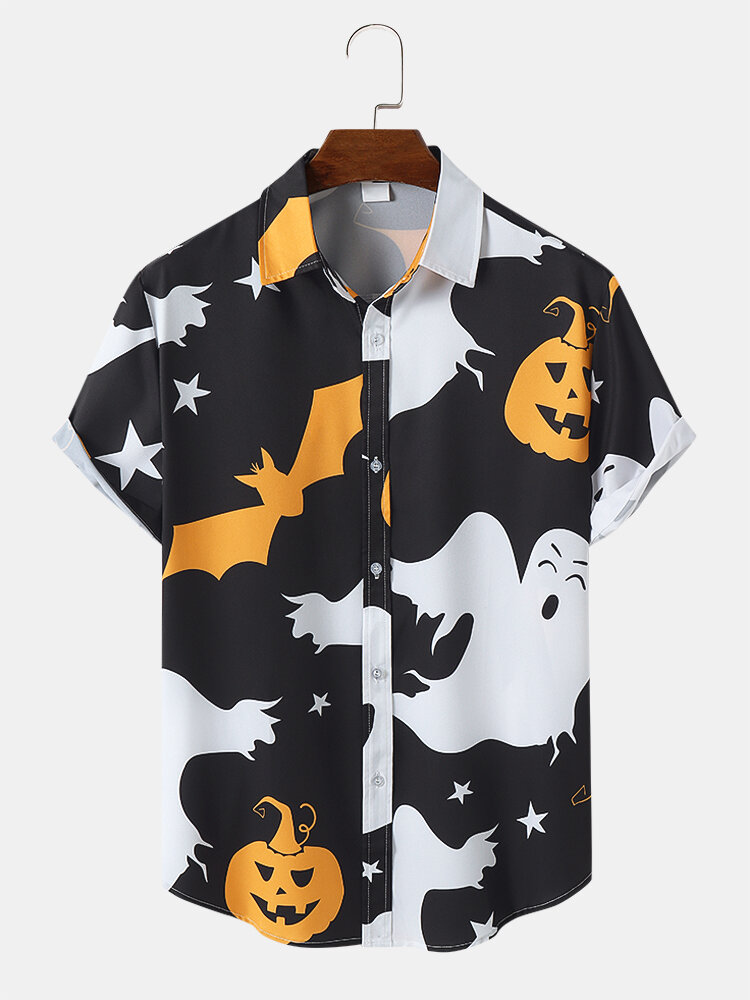 Mens Funny Pumpkin Ghost Print Halloween Short Sleeve Shirts