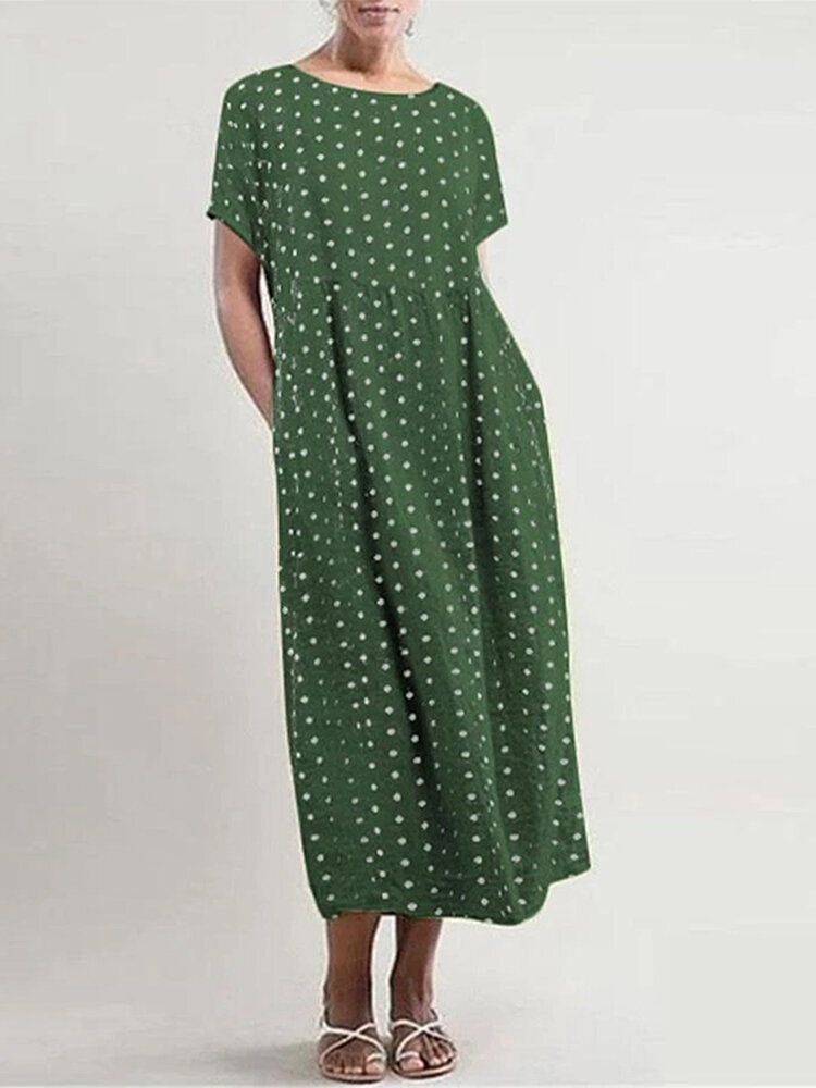 Polka Dot Print Pleated Short Sleeve Plus Size Dress