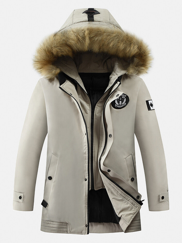 Mens Solid Winter Thicken Warm Zipper Fur Hooded Mid-Long Down Jacket