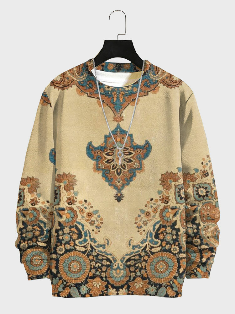 Mens Vintage Ethnic Floral Print Crew Neck Pullover Sweatshirts Winter