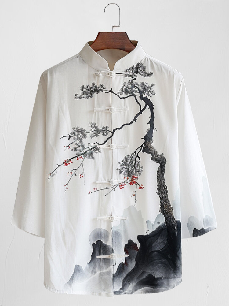 

Mens Chinese Landscape Print Stand Collar Frog Button Shirts, White
