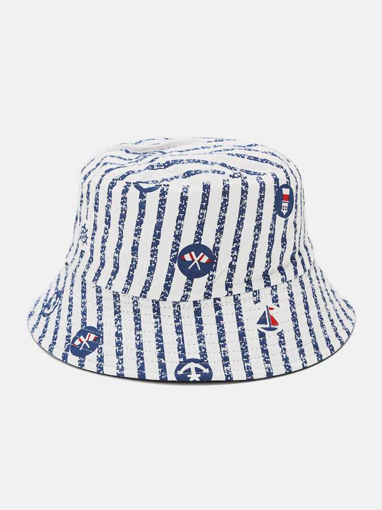 Women & Men Double-sided Anchor Striped Pattern Outdoor Sunshade Bucket Hat