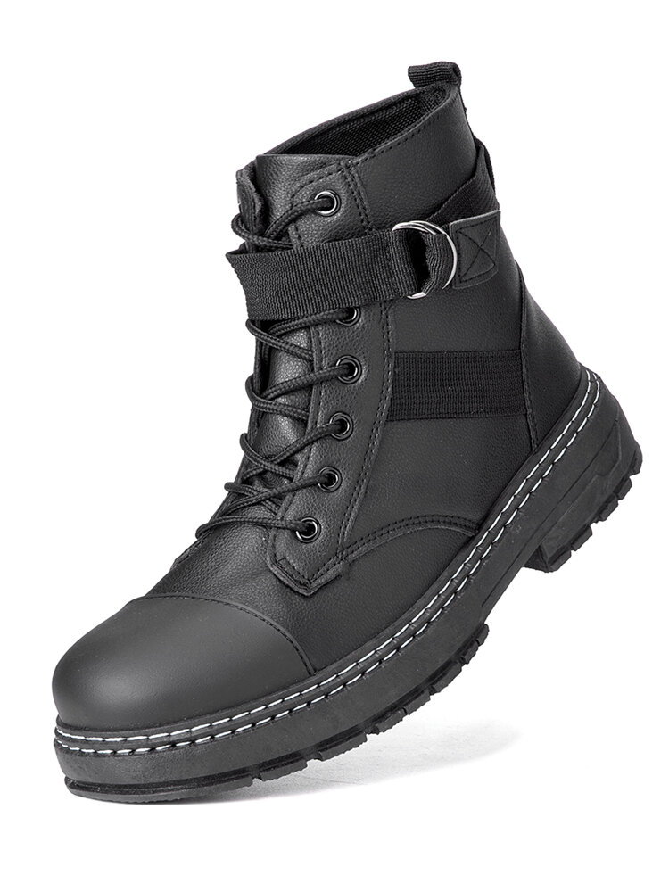 Men Pure Color PU Leather Non Slip Lace Up Casual Boots
