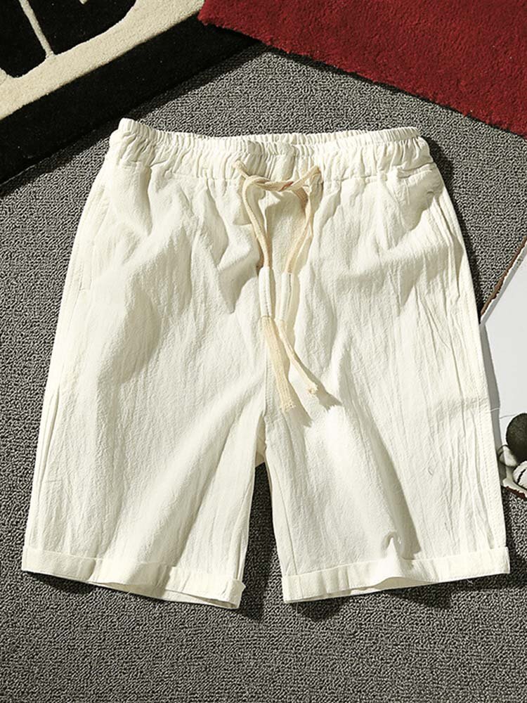 Mens Solid Texture Cotton Casual Drawstring Waist Shorts