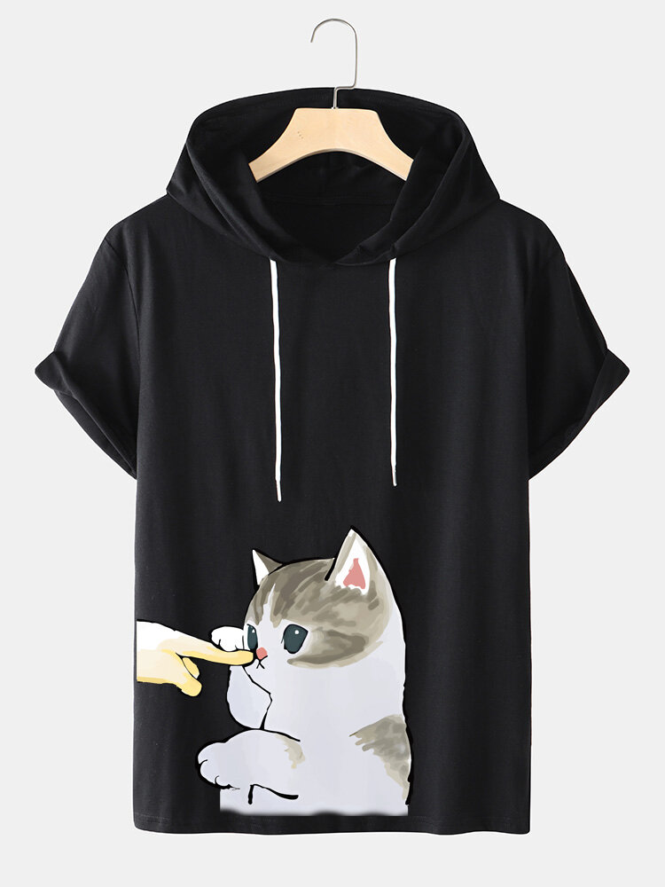 Mens Cartoon Cat Graphic Short Sleeve Drawstring Hooded T-Shirts