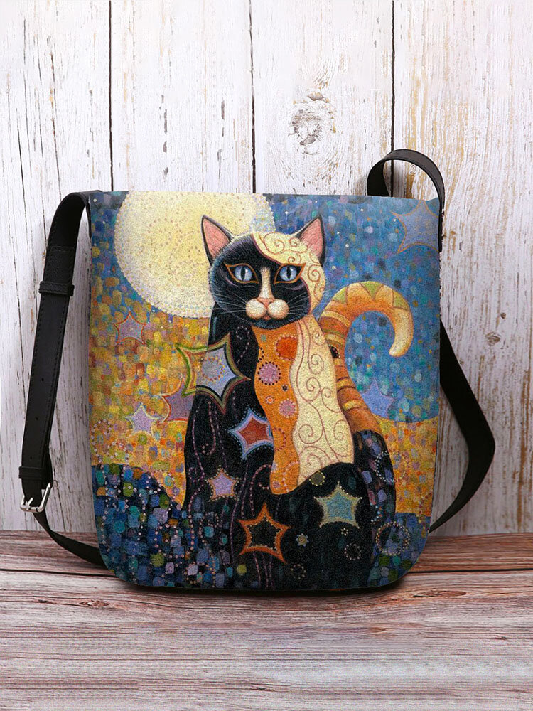 Casual Felt Cute Cat Print Crossbody Bag Shoulder Bag Tote
