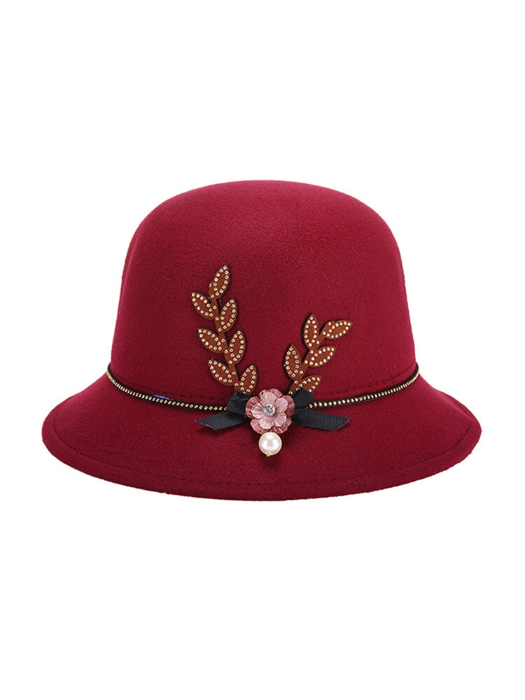 Women Elegant Felt Fedoras Top Hat Casual Floral Bowknot Decoration Bucket Hat