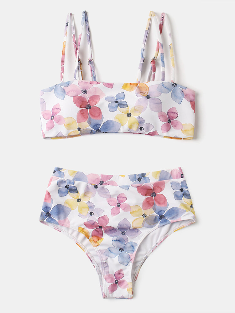 Women Floral Printed Adjustable Double Shoulder Straps High Waist Bikinis Beachwear