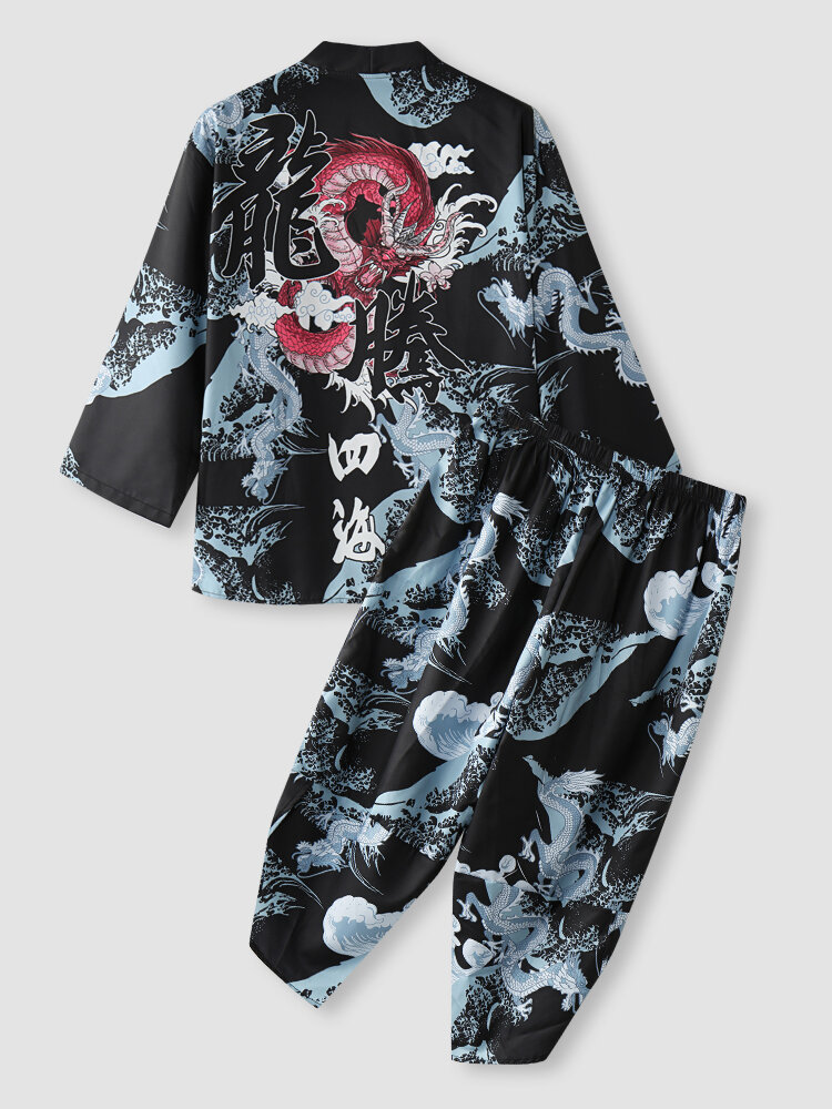 Mens Chinese Character Dragon Print Kimono Loose Two Pieces Outfits