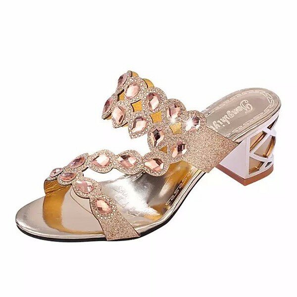 Rhinestone Beaded Crystal Y Hollow Out Square Heel Slip On Slippers