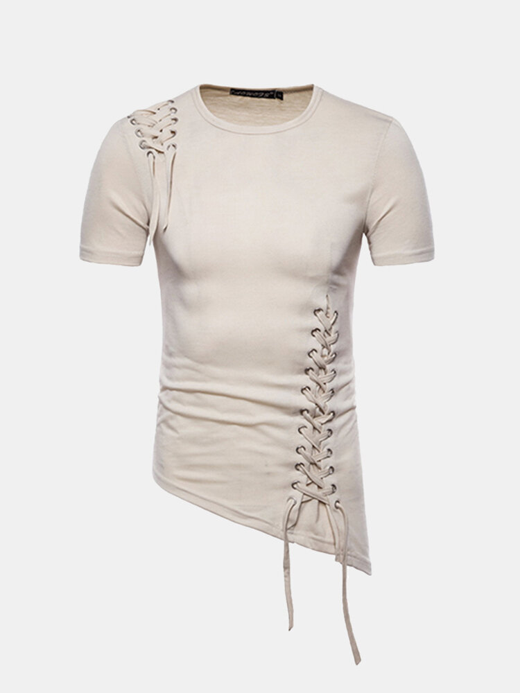 

Mens Unique Braided Rope Design Irregular Hem Slim Fit Casual Summer T Shirts, Coffee;white;black