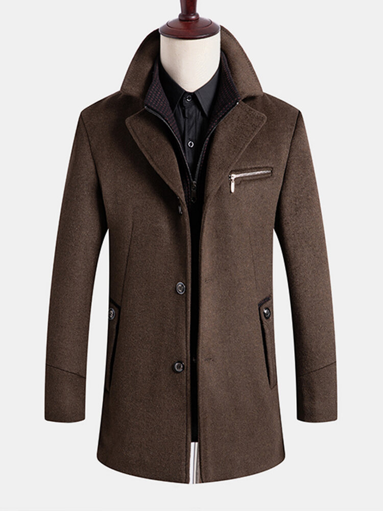 Mens Solid Woolen Single-Breasted Business Casual MId-Length Lapel Overcoat