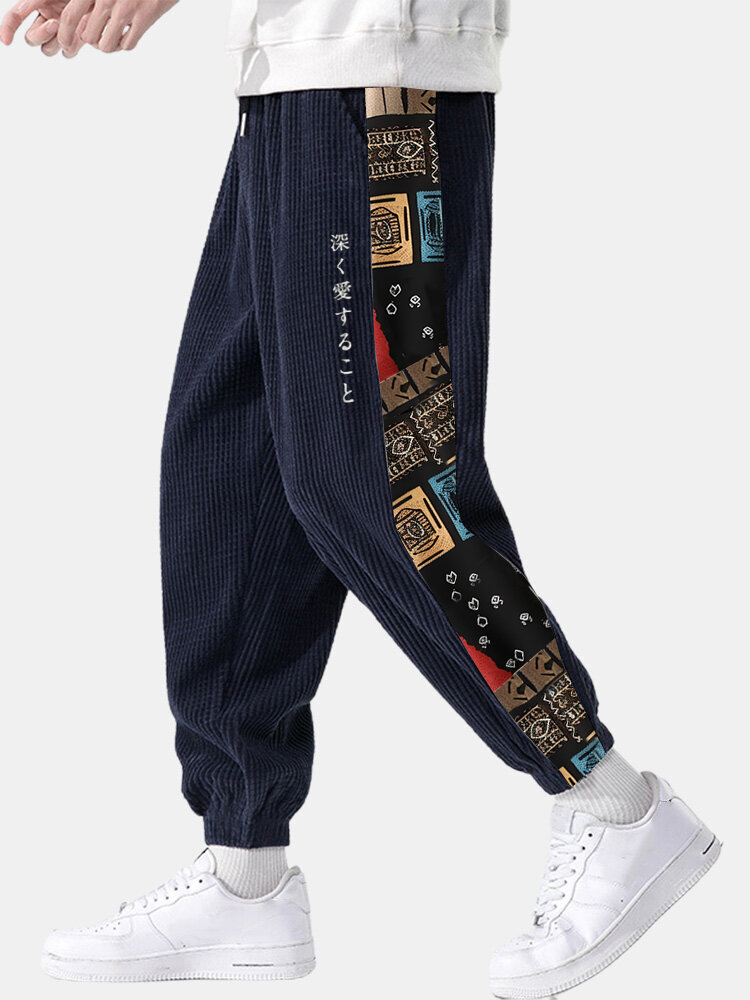 

Mens Ethnic Tribal Side Print Patchwork Japanese Embroidered Corduroy Pants Winter, Navy