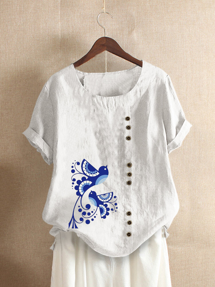 Floral Printed Short Sleeve O-neck T-shirt For Women