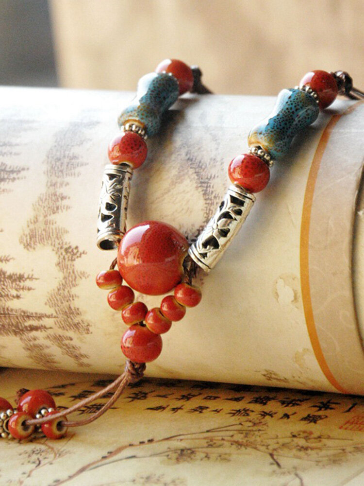 Ethnic Metal Geometric Irregular Ceramic Beads Tassel Necklace Hand-woven Ceramic Beads Necklace