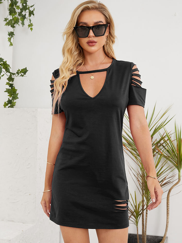 Solid Cut Out Choker Neck Short Sleeve Casual Dress
