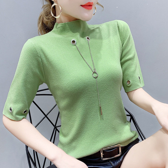 Season New Pullover Knit Versatile Shirt Half Sleeve Sweater Female Tide With Chain