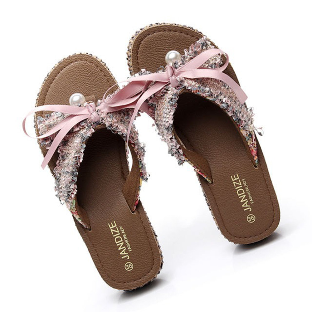 Bowknot Lace Decoration Sweet Clip Toe Summer Slippers