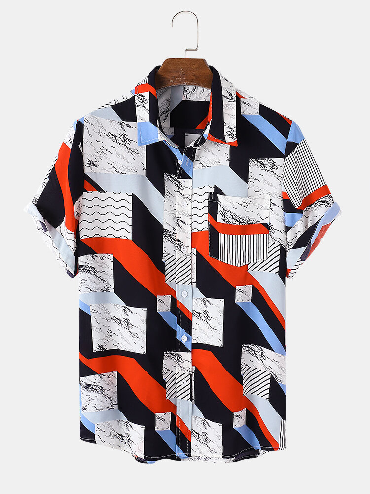 Mens Geometry Print Button Up Casual Holiday Short Sleeve Shirt With Pocket