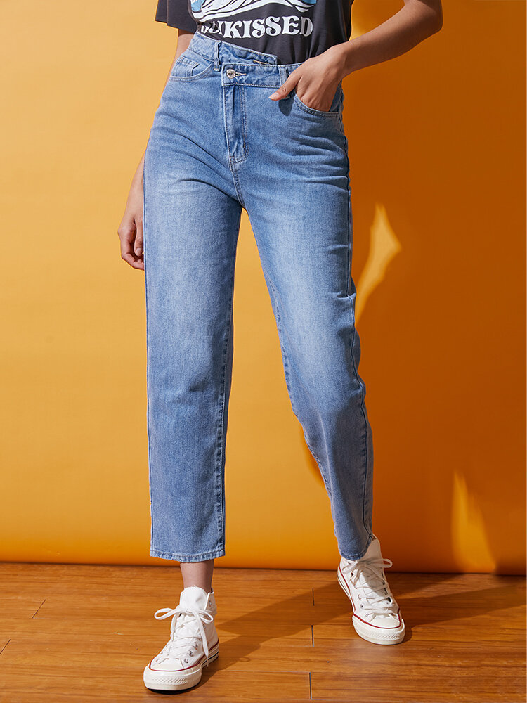 Irregular Waist Pocket Button Zip Front Casual Denim Jeans