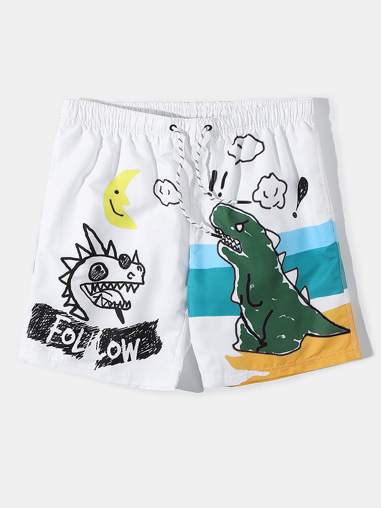 Mens Cartoon Graffiti Print Mesh Breathable Beachwear Casual Holiday Board Shorts With Liner