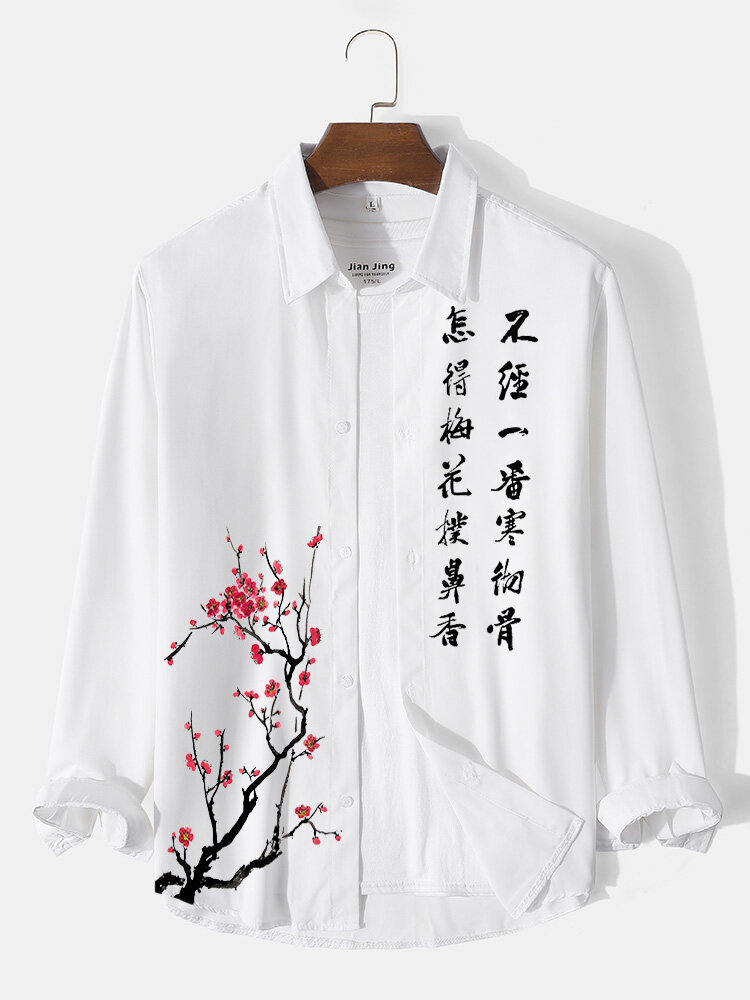 Mens Chinese Style Plum Blossom Print Button Casual Long Sleeve Shirts