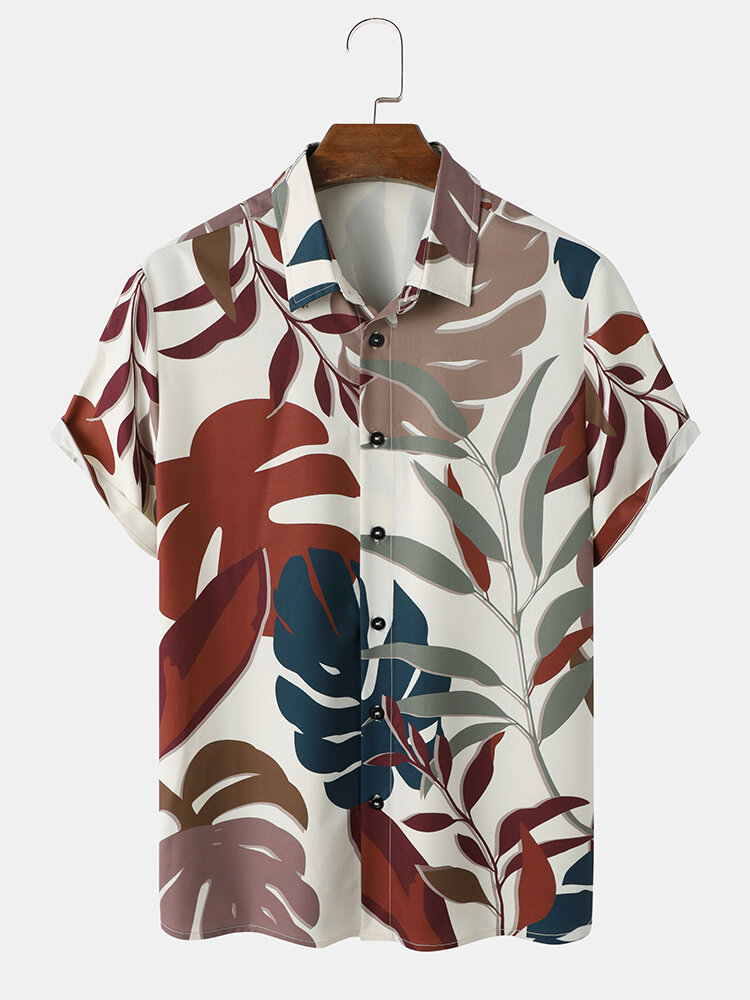Mens Tropical Leaf Print Button Up Short Sleeve Shirts