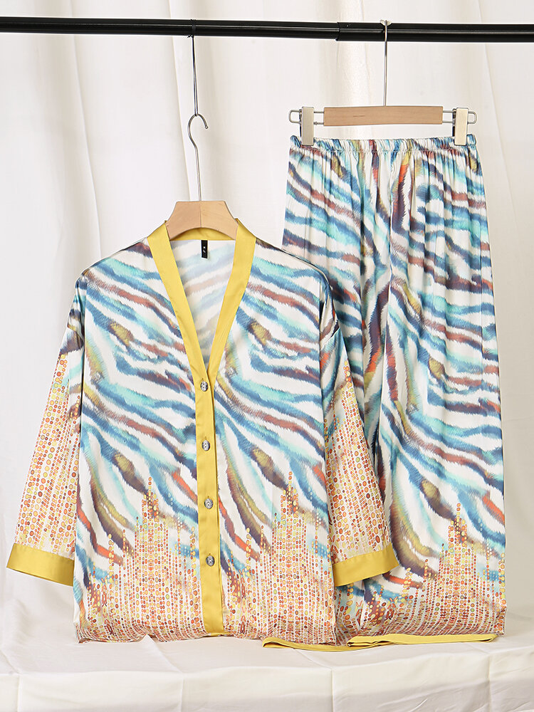 Women Faux Silk Heathered Ripple Polkadot Pattern Pajamas Sets