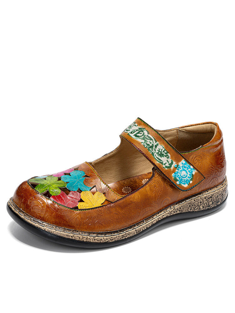 Socofy Genuine Leather Hand Made Retro Ethnic Colorful Flowers Hollow Soft Comfy Mary Jane Flat Shoes