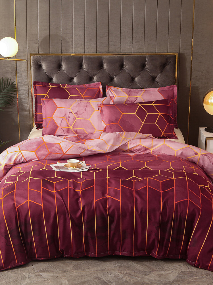 2/3Pcs Geometric Bedding Set Red Golden Duvet Cover Sets Polyester Bed Cover Pillowcase Queen King Size