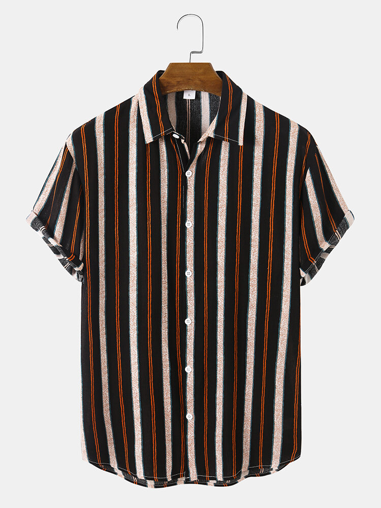 Mens Stripe Print Button Up Daily Short Sleeve Shirts
