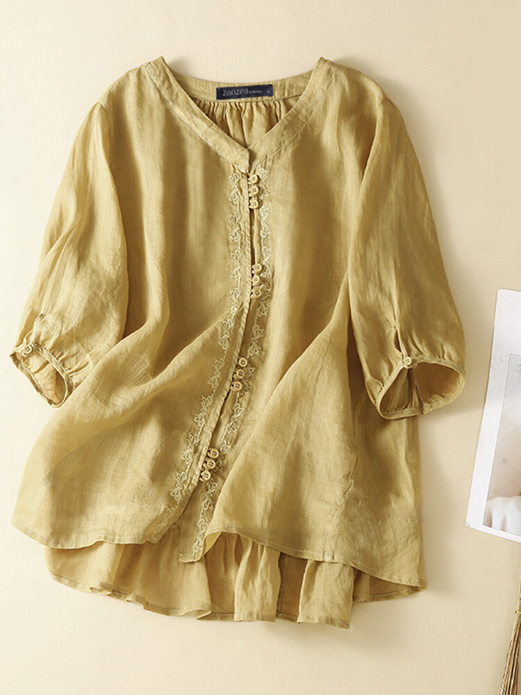 Women Embroidered Button Front High-Low Hem Blouse