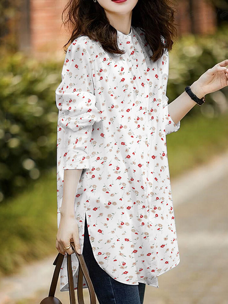 Allover Floral Print Stand Collar Long Sleeve Casual Blouse