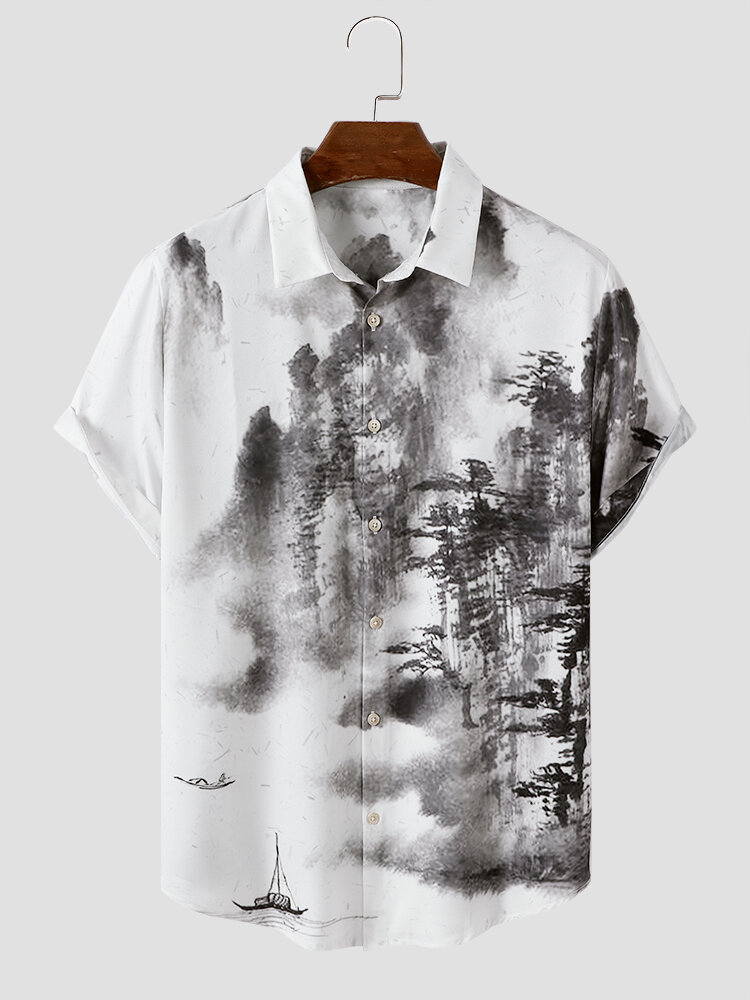 Mens Ink & Wash Landscape Pattern Front Buttons Short Sleeve Shirts