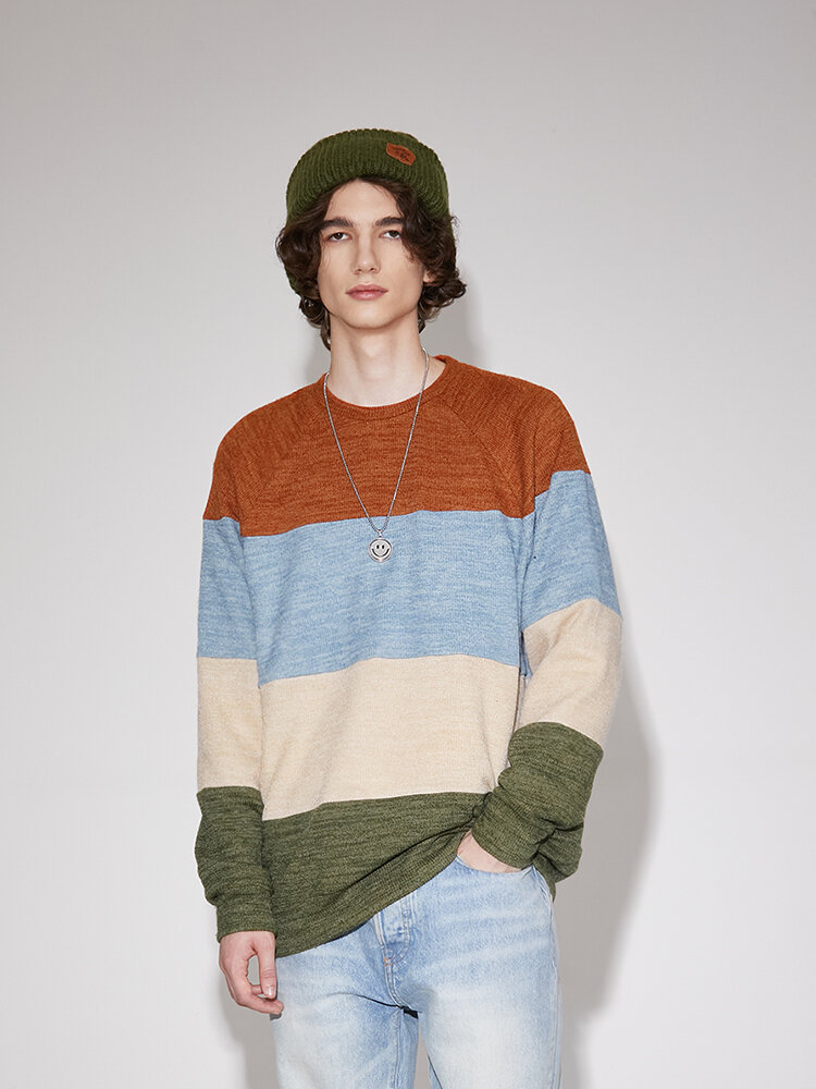 

Mens Knit Colorblock Patchwork Crew Neck Raglan Sleeves Casual Sweaters, Multicolor