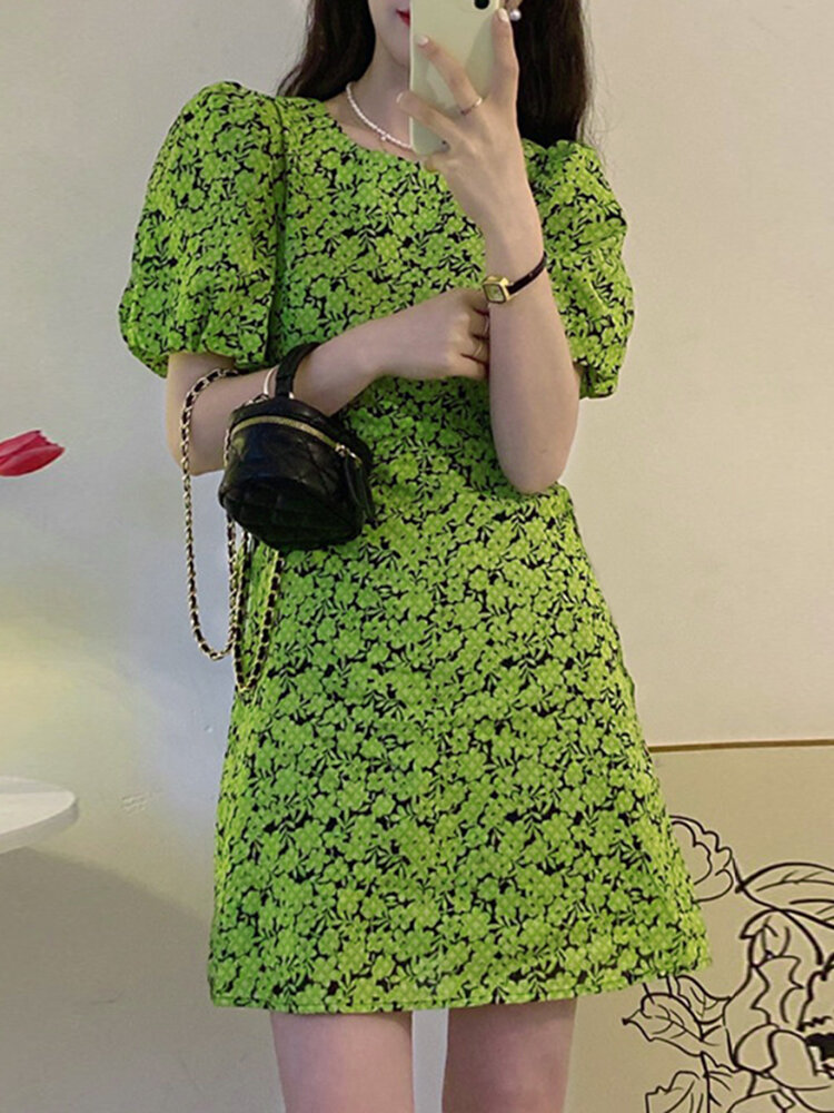 Puff Sleeve Allover Floral Print A-line Crew Neck Dress