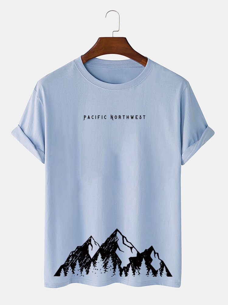 Mens Letter Mountain Print Short Sleeve Cotton T-Shirts