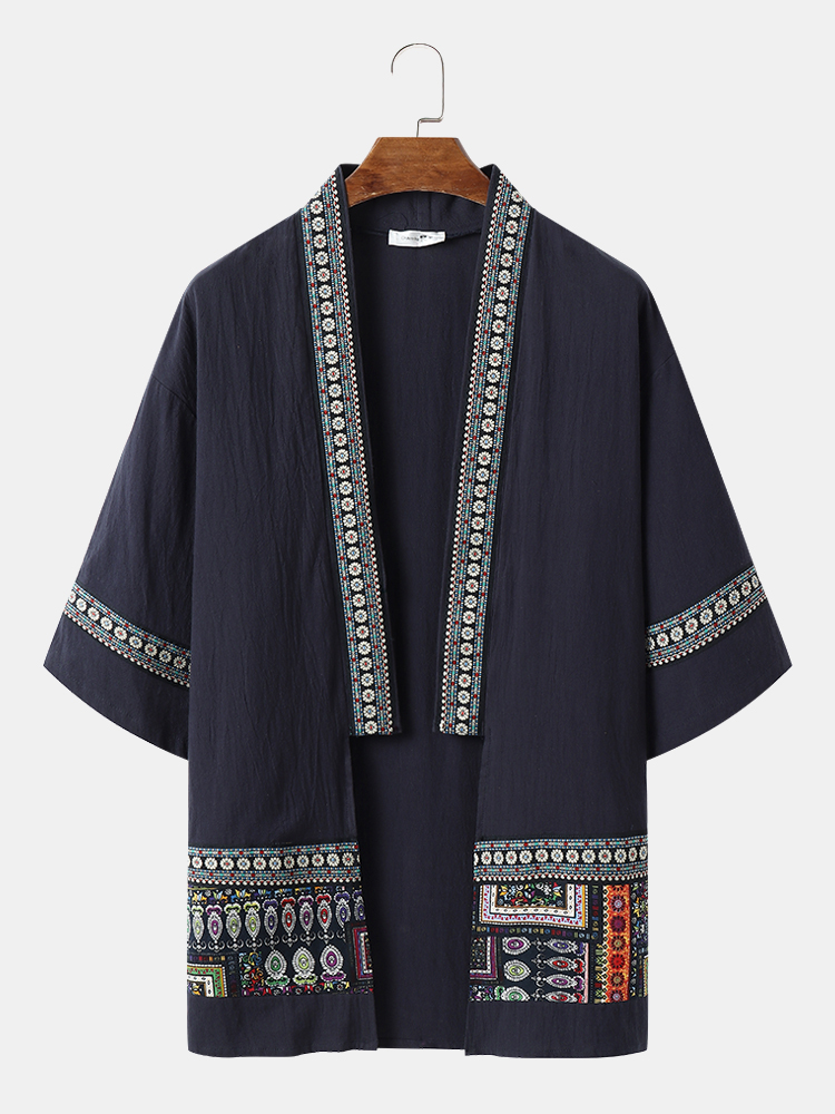Mens Ethnic Trim Front Open 3/4 Sleeve Length Kimonos