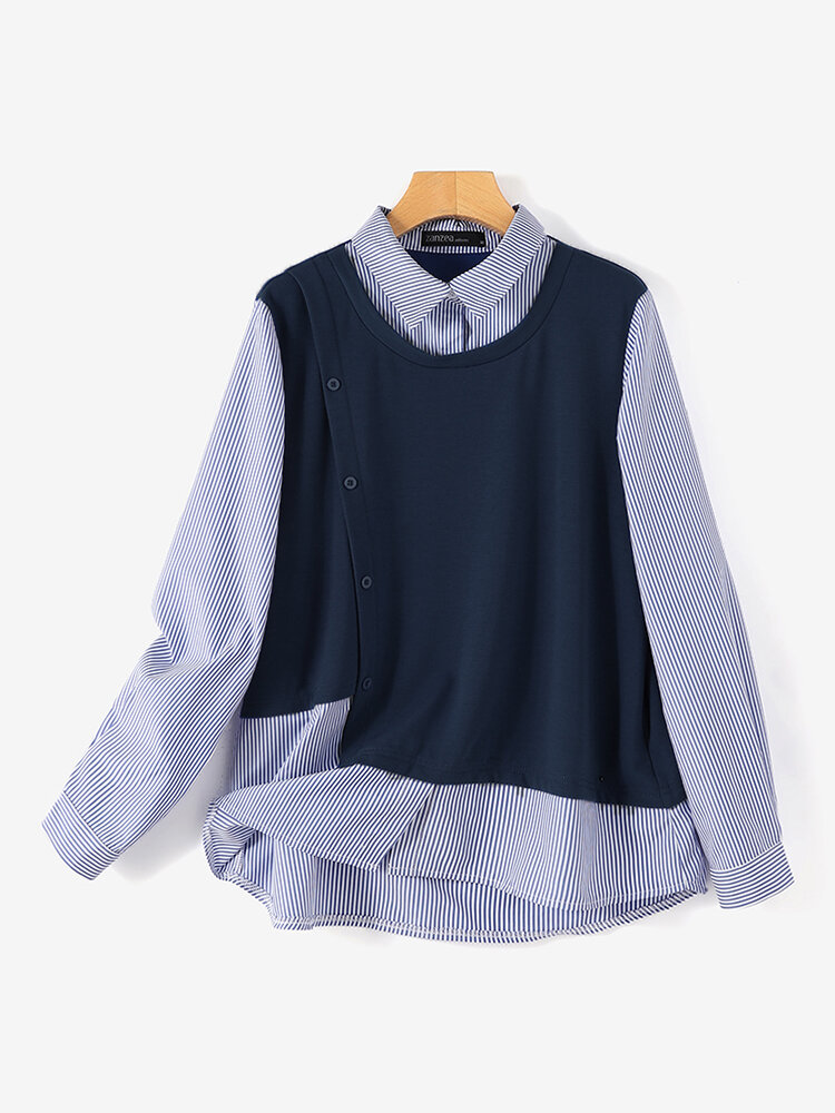 Blusa feminina listrada patchwork lapela botão Design manga comprida