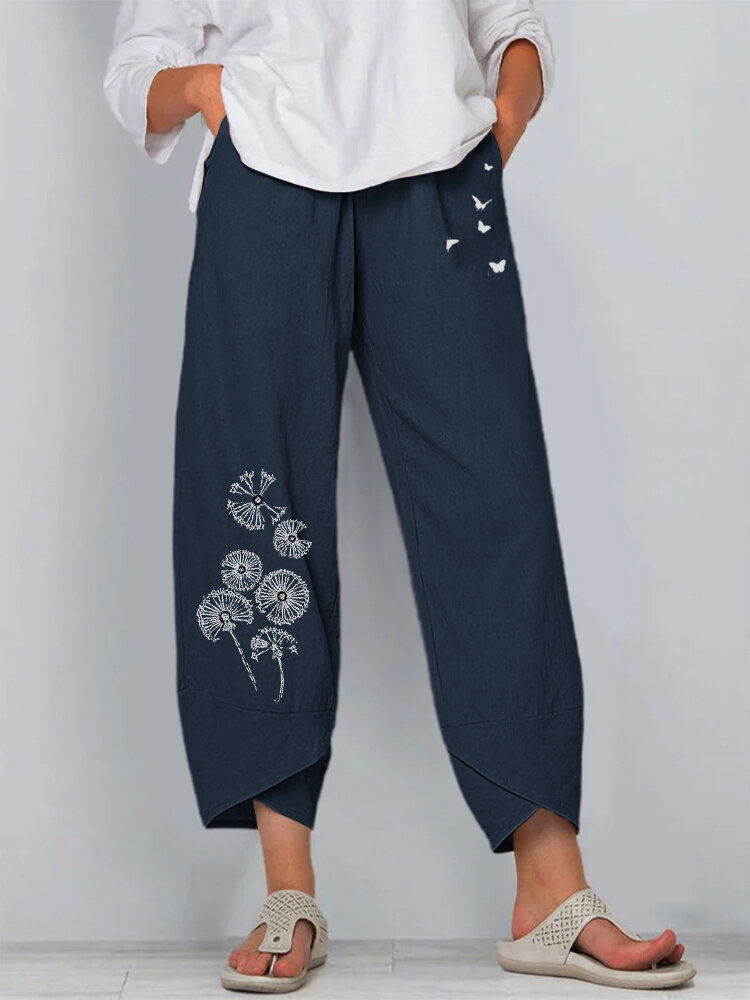 Flower Print Elastic Waist Casual Pants For Women