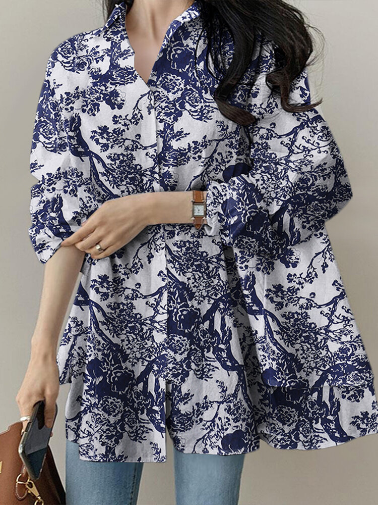 Langarm-Baumwolldruck mit lockerem Reversknopf Damen Bluse