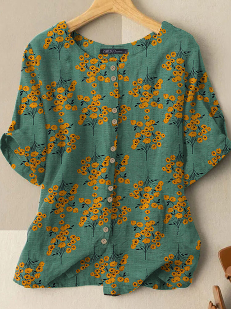 Allover Floral Print Button Front Short Sleeve Blouse