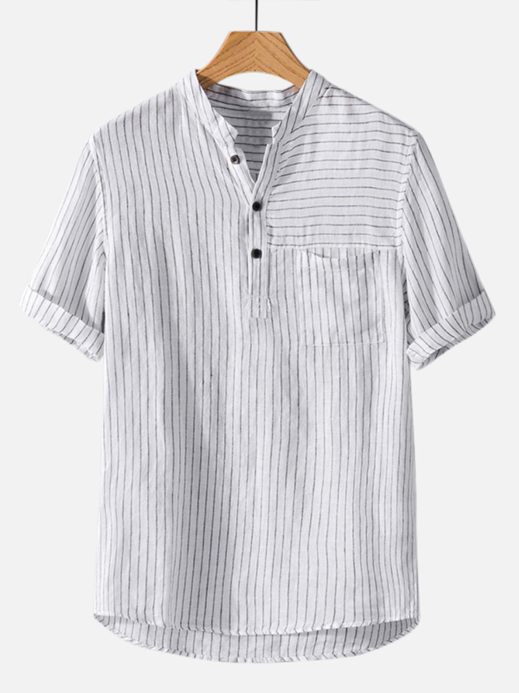 Mens Summer Cotton Breathable Striped Short Sleeve Loose Casual T shirt