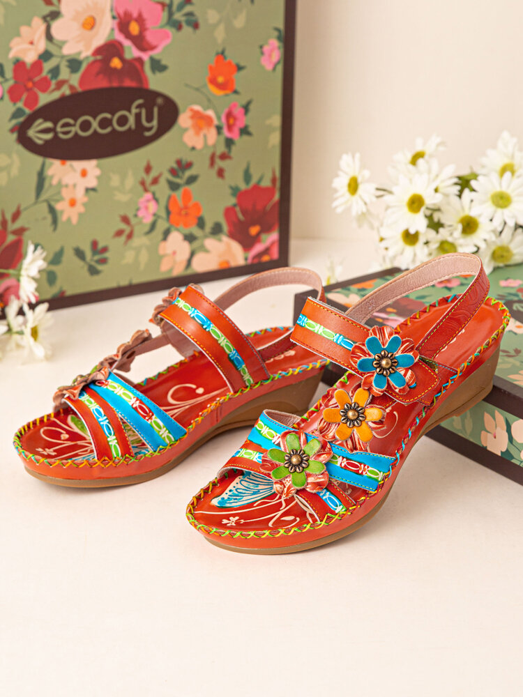 

Socofy Genuine Leather Handmade Stitching Comfy Bohemian Flowers Decor Hook & Loop Wedges Sandals, Orange
